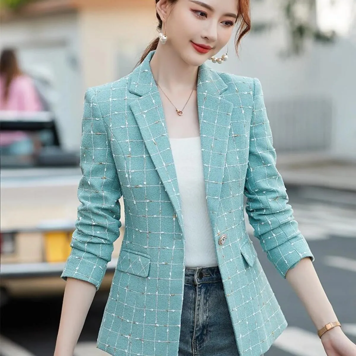 Blazer e giacca casual da donna scozzesi blu bianchi e cappotto slim da donna a maniche lunghe con bottone singolo